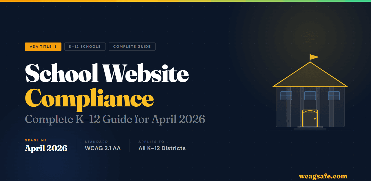 K-12 school building with April 24 2026 ADA Title II deadline and WCAG 2.1 AA compliance checklist overlay