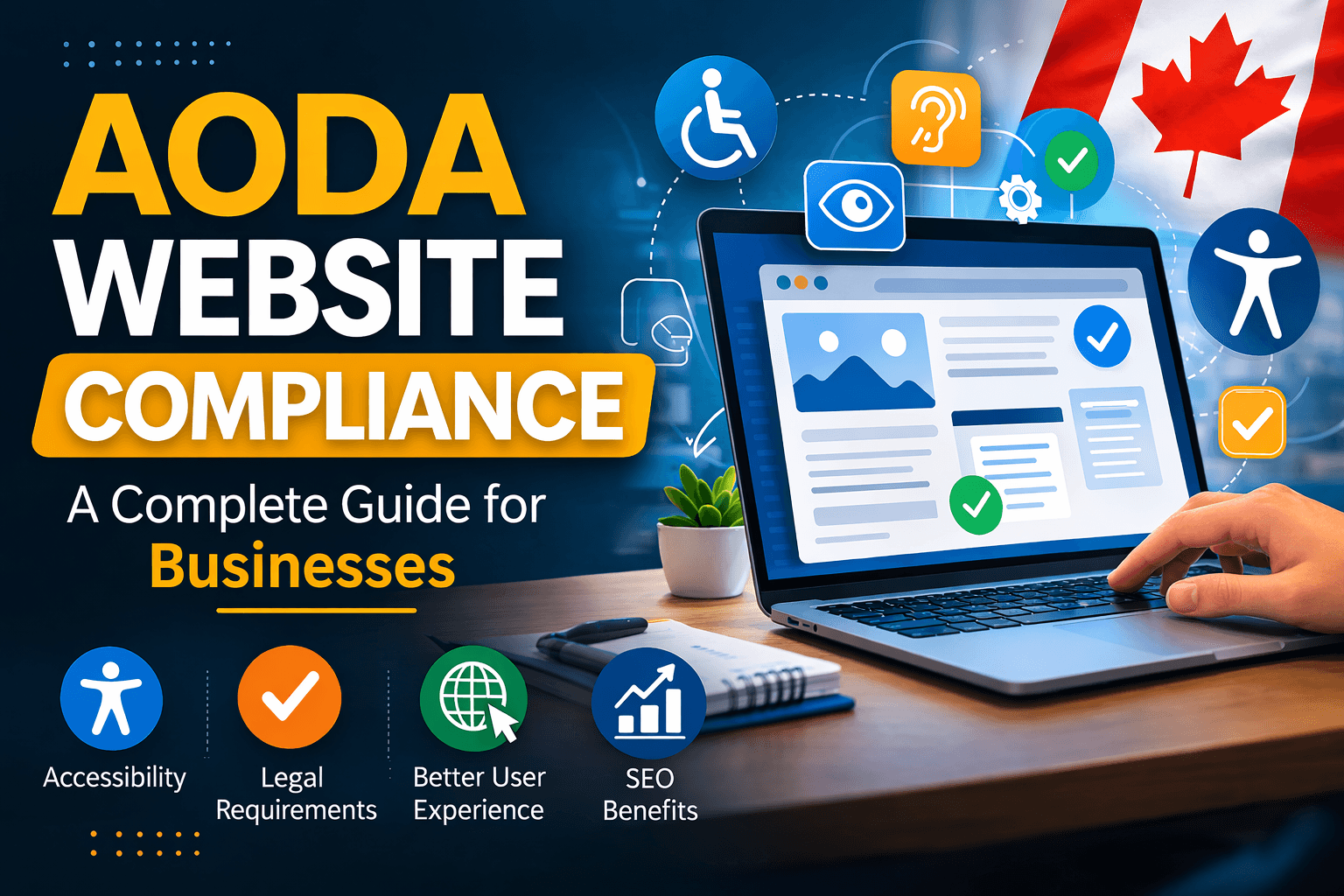 Ontario business website showing AODA compliance checklist with WCAG 2.0 AA requirements and $100,000 per day fine warning
