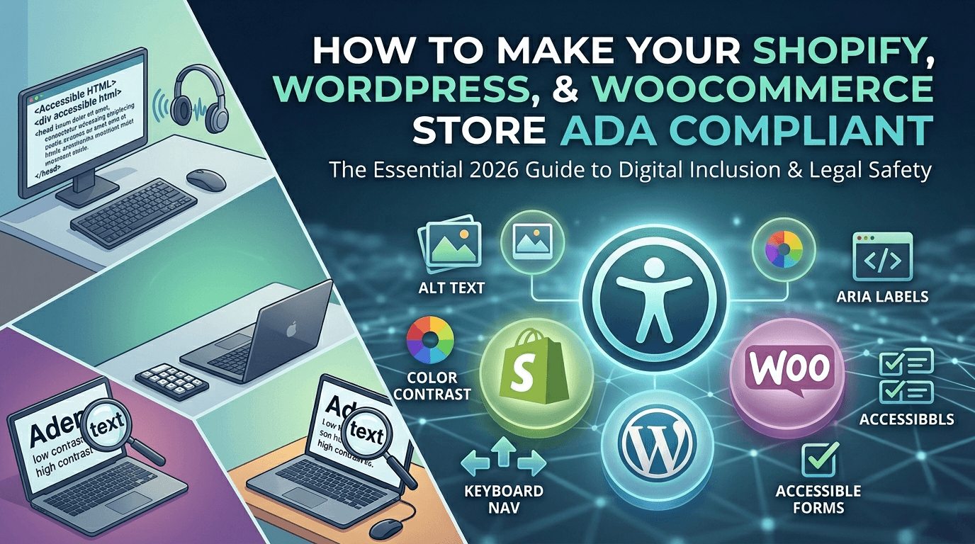 How to Make Your Shopify, WordPress, and WooCommerce Store ADA Compliant — 2026 platform comparison guide showing accessibility icons for alt text, color contrast, keyboard nav, ARIA labels, and accessible forms alongside the Shopify, WordPress, and WooCommerce logos