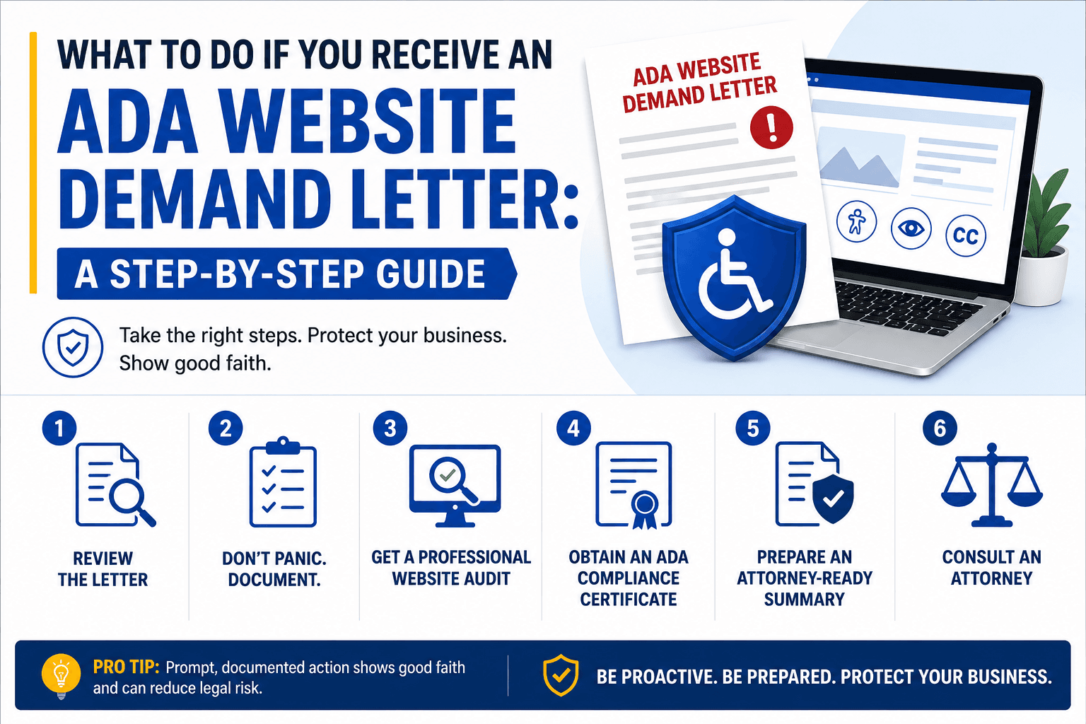 Step-by-step guide to responding to an ADA website demand letter: review the letter, document, get a professional audit, obtain a compliance certificate, prepare an attorney-ready summary, and consult an attorney
