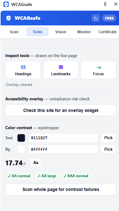 WCAGsafe extension Tools tab: heading, landmark and focus inspectors, an accessibility overlay detector, and a color-contrast eyedropper showing a 17.74 to 1 ratio passing AA and AAA