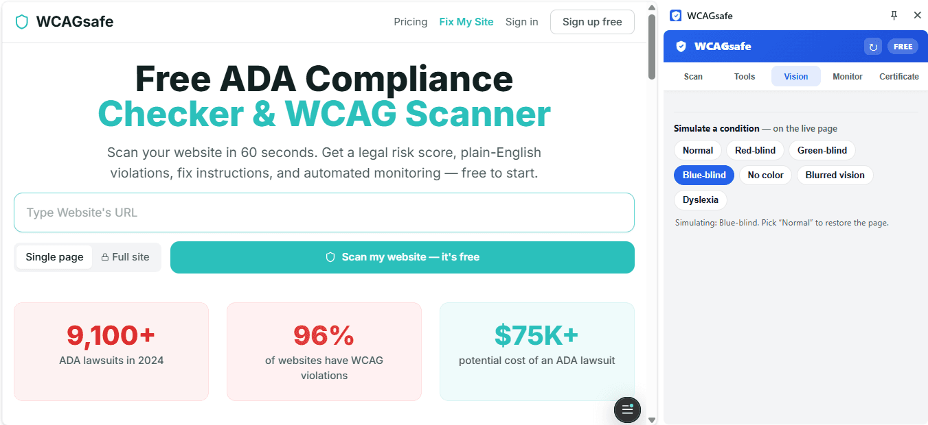 WCAGsafe Vision tab simulating tritanopia color blindness on a live web page, shifting the page's colors