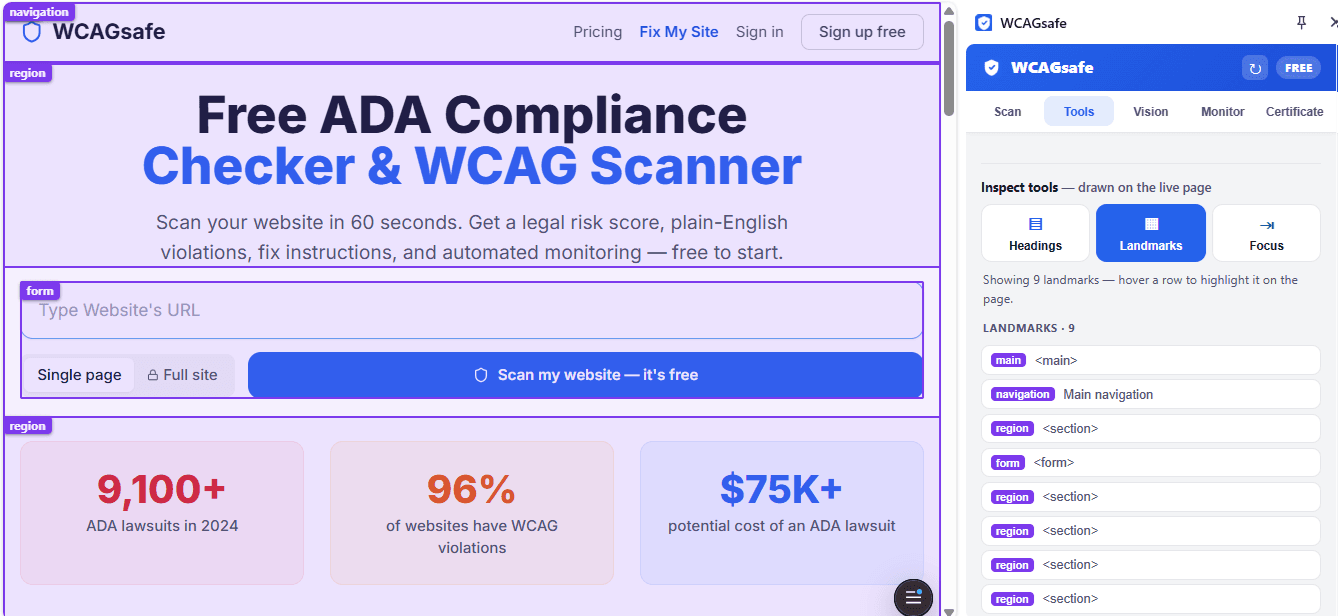 WCAGsafe landmarks inspector: colored ARIA region outlines (navigation, main, region, contentinfo) drawn over a live web page, with a matching landmark list in the extension side panel