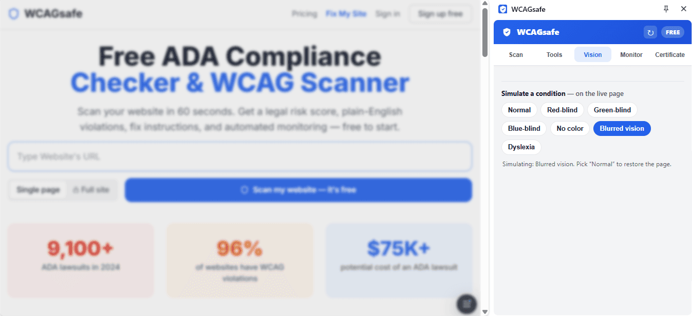 WCAGsafe Vision tab simulating low vision by blurring a live web page
