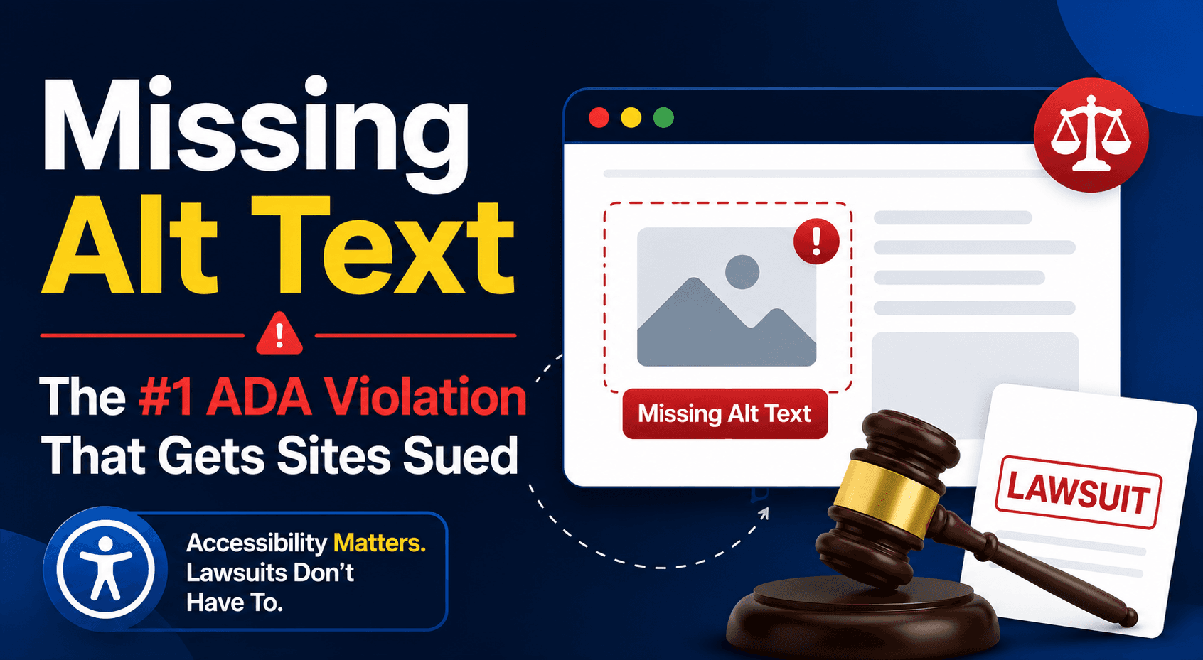Missing Alt Text — the #1 ADA violation that gets sites sued, shown with a browser window flagging an image that has no alt text next to a gavel and a lawsuit document